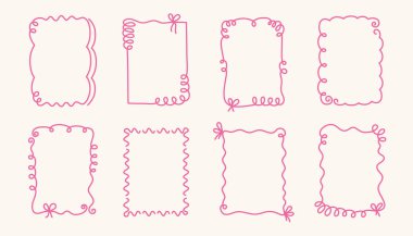 Coquette hand-drawn wavy frames set, squiggle curly swirl tied bow borders, ribbons cadre vintage modern vintage whimsical edgings elements, elegant trend stamps flirting girly style design. Isolated.