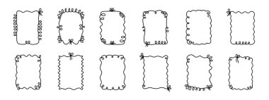 Coquette hand-drawn wavy frames set, squiggle curly swirl tied bow borders, ribbons cadre vintage modern vintage whimsical edgings elements, elegant trend stamps flirting girly style design. Isolated.