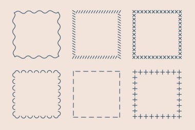 Çerçeve pulu seti, vektör eli eğimli kenarlar, soyut boş dalgalı grunge doodle monogram Kadro kiti. Minimalist karalama tasarım elementleri. İzole edilmiş. Vektör illüstrasyonu