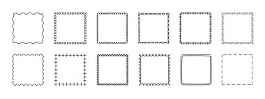 Çerçeve pulu seti, vektör eli eğimli kenarlar, soyut boş dalgalı grunge doodle monogram Kadro kiti. Minimalist karalama tasarım elementleri. İzole edilmiş. Vektör illüstrasyonu