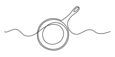 Frying pan one line art, hand-drawn kitchenware continuous drawing contour. Teflon non-stick cookware, cooking utensils food preparation home-cooked cuisine outline minimalist symbol. Editable stroke