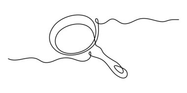 Frying pan one line art, hand-drawn kitchenware continuous drawing contour. Teflon non-stick cookware, cooking utensils food preparation home-cooked cuisine outline minimalist symbol. Editable stroke
