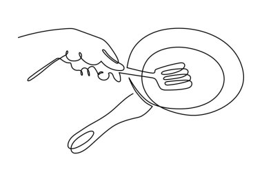 Mutfak spatulası bir çizgi sanat, elle çizilmiş döner mutfak gereçleri sürekli çizim hatları. Yapışkan olmayan yemek takımı, aşçı çatal bıçak pişirme, ev yapımı yemekler. Düzenlenebilir.