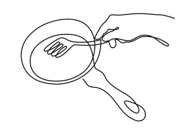 Mutfak spatulası bir çizgi sanat, elle çizilmiş döner mutfak gereçleri sürekli çizim hatları. Yapışkan olmayan yemek takımı, aşçı çatal bıçak pişirme, ev yapımı yemekler. Düzenlenebilir.