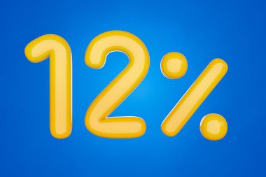 İndirim için% 12 ya da varil% 12. Mavi arka planda üç boyutlu resimli sarı jöle metni. 3B görüntüleme
