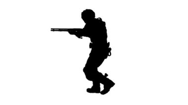 Black silhouette on a white background soldier holding gun. can use invert for alph chanel