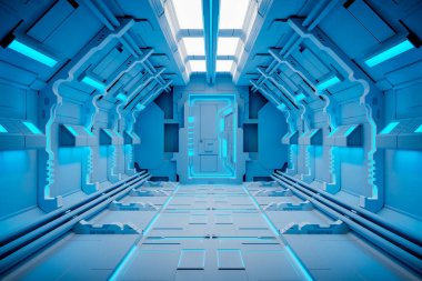 Neon ışıkları 3d render ile aydınlatılmış metalik koridor arka plan bilim kurgu grunge zarar