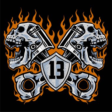 Kafatası piston motorsikletinin logo rozetleri ve yanan alev çizimleri.