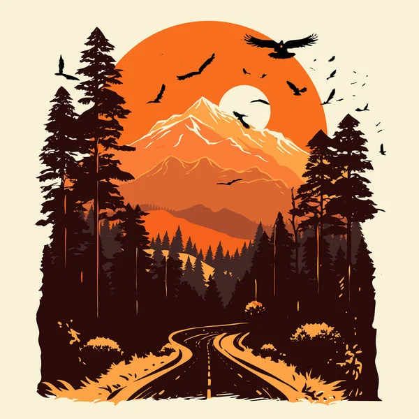 Vector Camino Alto Montaña Con Hermosa Ilustración Fondo Puesta Del Ilustración de stock