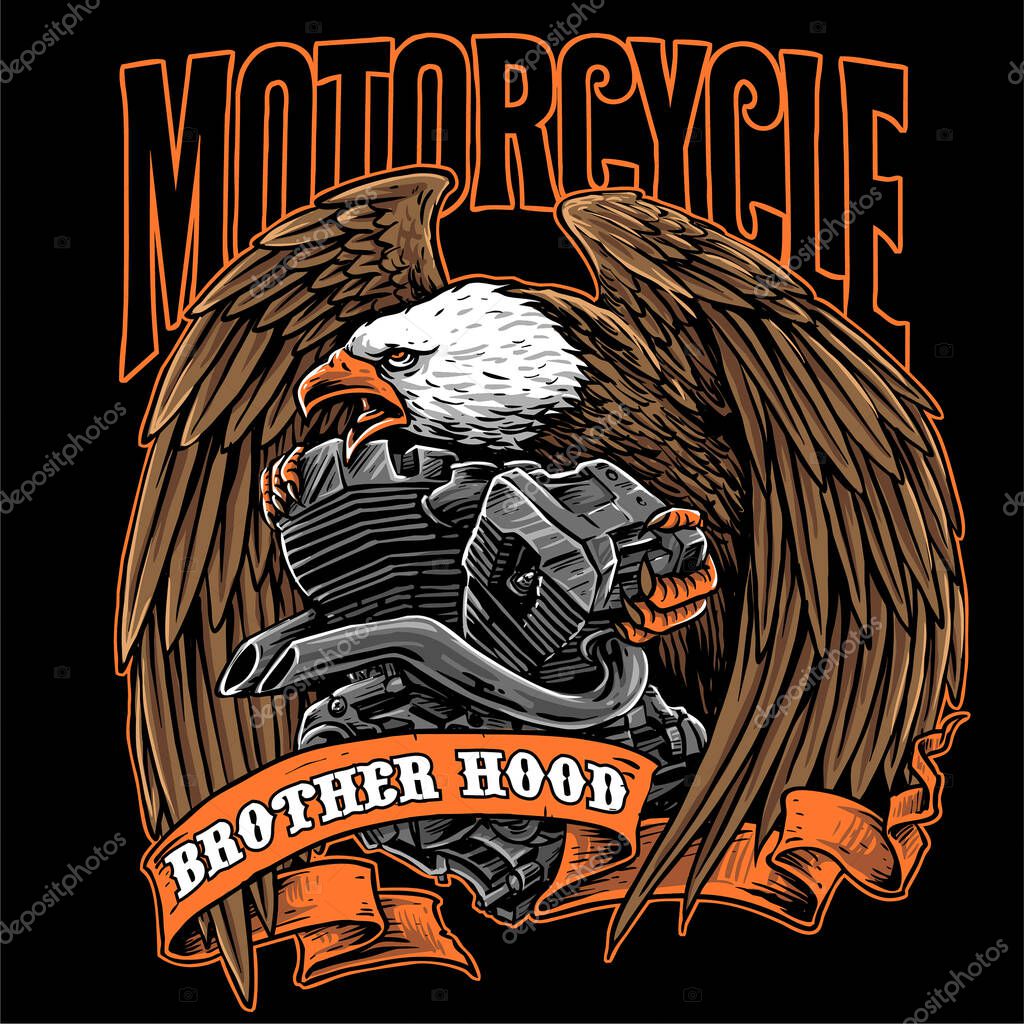 Eagle with motorcycle engine vintage vector illustration