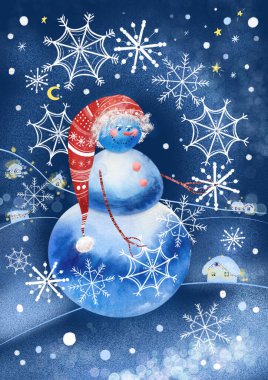 Karda kar taneleri olan suluboya kardan adam