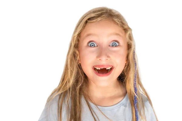 Porträt Des Glücklichen Mädchens Lächelt Isoliert Auf Weißem Hintergrund Stockbild