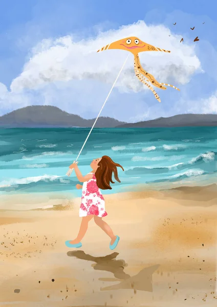 Kind Met Een Vlieger Wandelen Het Strand Illustratie — Stockfoto