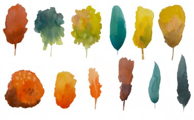 Resimler soyut sonbahar beyaz arkaplanda izole edilmiş suluboya koleksiyonu bırakıyor