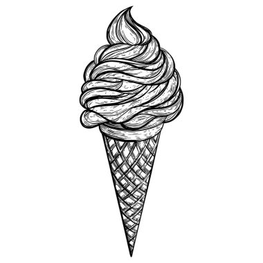 Büyük dondurma külahı. Siyah vektör mürekkebi çizim çizgisi biçiminde izole edildi
