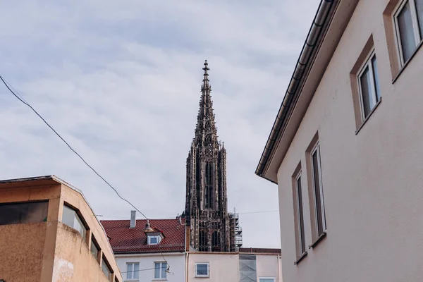 Beyaz ve turuncu alçılı güzel ahşap kiriş evler. Balıkçı Mahallesi. Ulmer Stadtmauer. Fachwerk. Ulmer Muenster