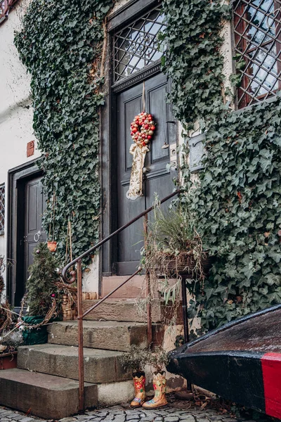 The porch of an old house with steps. The front door is decorated with a wreath. The walls are wrapped in ivy. On the windows bars.
