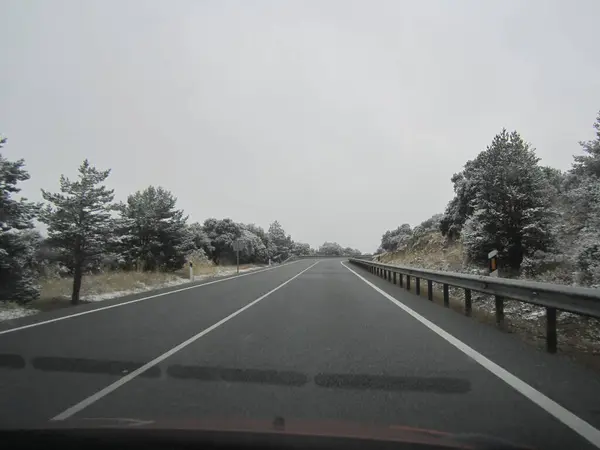 Kış manzarası. araba karla ve ağaçlarla kaplı..