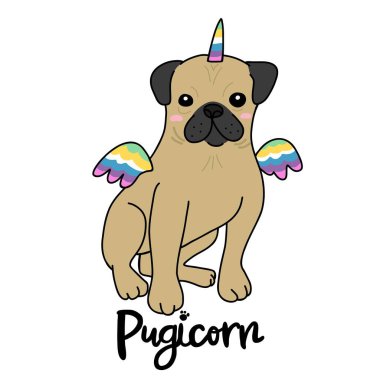 Pugicorn (tek boynuzlu atla karışan pug dog) çizgi film vektör illüstrasyonu