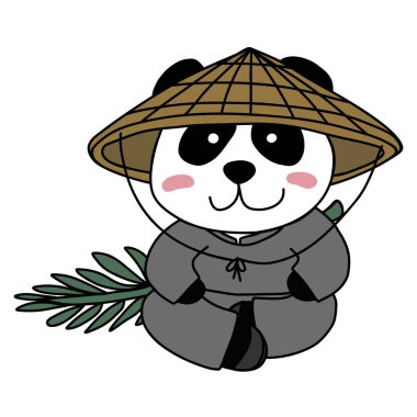 Panda Çin kostümü ve geleneksel Çin şapkası çizimi çizer.