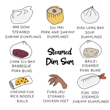 Buharda pişmiş Dim Sum çizim çizimi vektör çizimi illüstrasyonu
