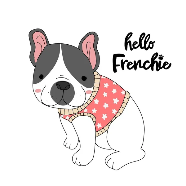 Hallo Franzose Französische Bulldogge Trägt Rosa Hemd Cartoon Vektor Illustration — Stockvektor