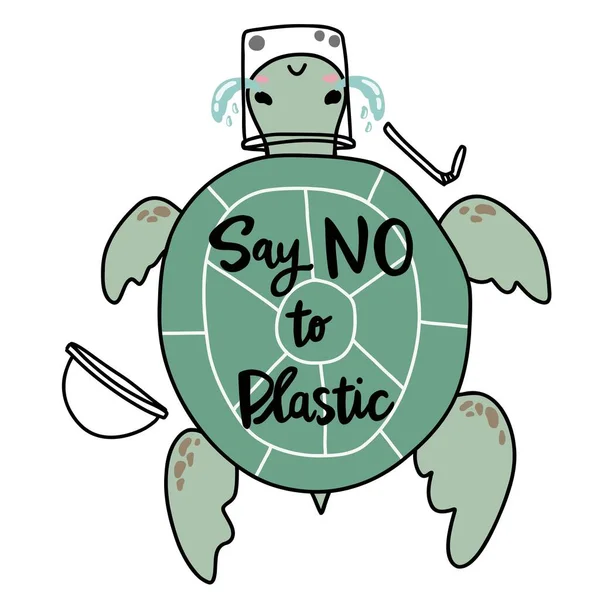 乌龟对塑料漫画病媒图解涂鸦风格说不 — 图库矢量图片