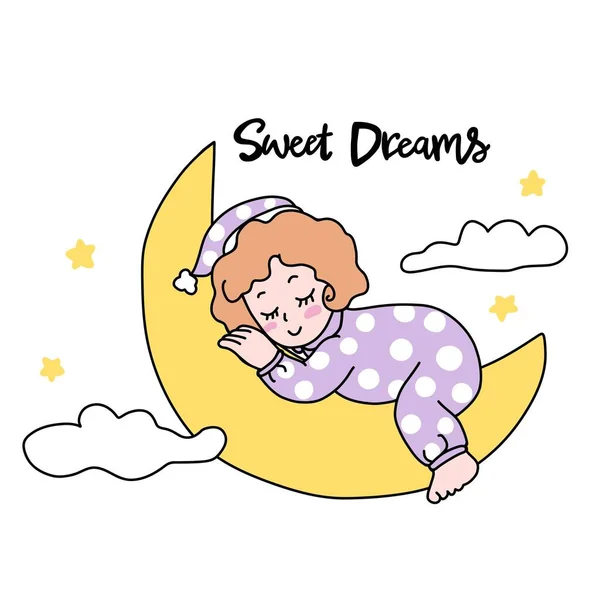 Roztomilé Dívka Sladké Sny Spí Měsíc Kreslený Vektor Ilustrace — Stockový vektor