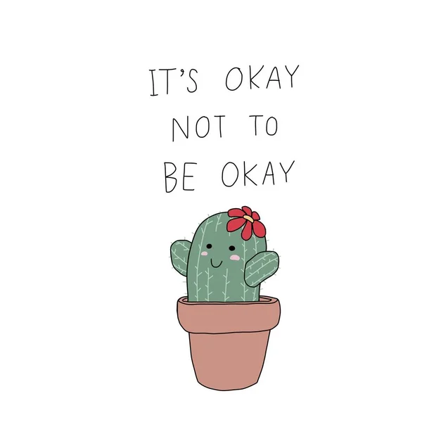 Okay Okay Quote Happy Cute Cactus Cartoon Illustration — стоковый вектор