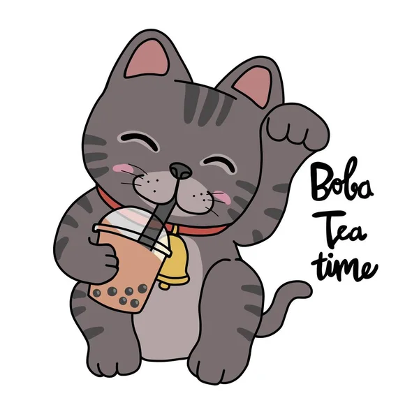 幸运猫喝泡茶 波巴茶时间卡通人物插图 — 图库矢量图片