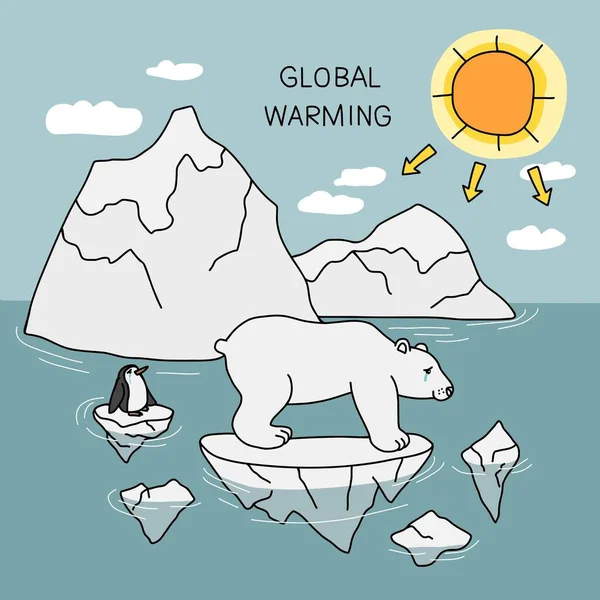 Aquecimento Global Urso Pinguim Choram Gelo Quebra Desenho Animado Ilustração — Vetor de Stock