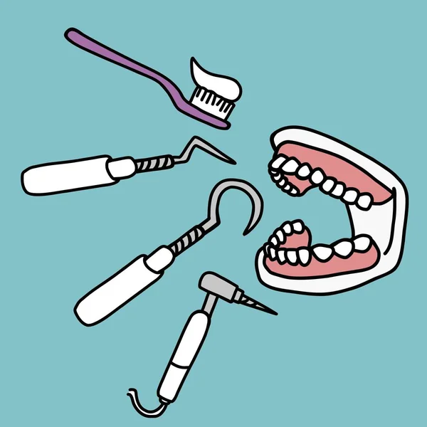Δόντια Και Οδοντιατρικά Εργαλεία Απεικόνιση Φορέα Κινουμένων Σχεδίων — Διανυσματικό Αρχείο