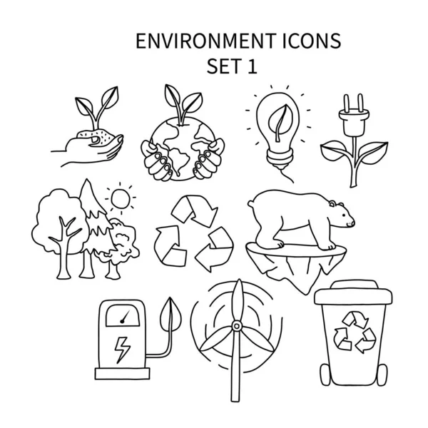 Ambiente Ícones Conjunto Bonito Desenho Animado Doodle Estilo Vetor Ilustração — Vetor de Stock