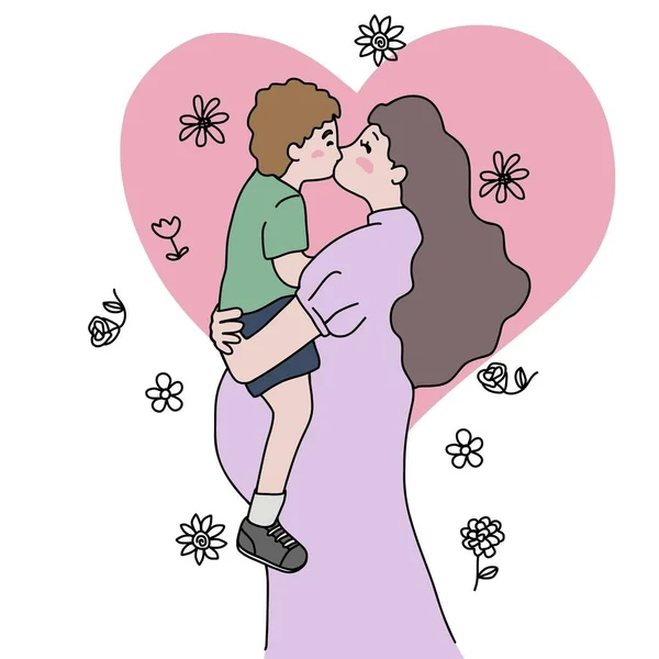 Mutter Küsst Sohn Linie Kunst Cartoon Vektor Illustration Minimalen Stil — Stockvektor