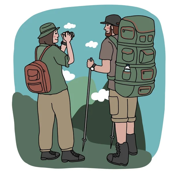 アドベンチャーカップル旅行で山の漫画のベクトルイラストミニマルスタイル — ストックベクタ
