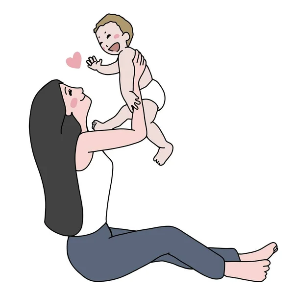 Ibu Bermain Dengan Gambar Baby Cartoon Vector Gaya Minimal - Stok Vektor