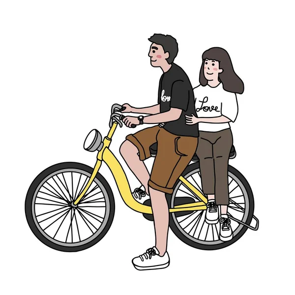 Pasangan Kekasih Mengendarai Sepeda Bersama Sama Kartun Vektor Ilustrasi Gaya - Stok Vektor