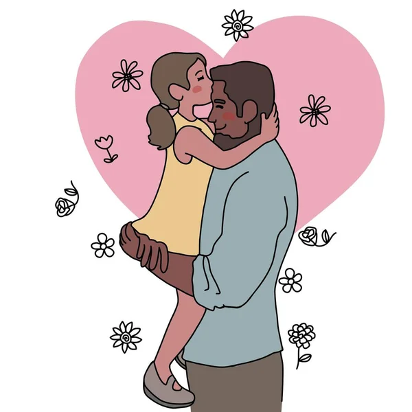 Père Embrasser Avec Fille Ligne Art Dessin Animé Vectoriel Illustration — Image vectorielle
