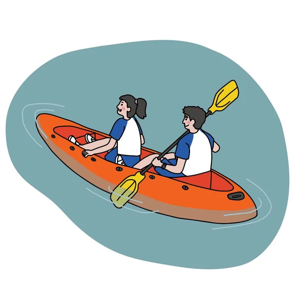 カヤックボートの漫画のベクトルイラストを再生カップル ミニマルラインアートスタイル — ストックベクタ