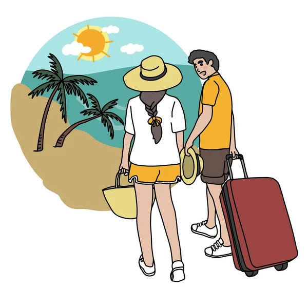 Viaggiatori Coppia Viaggio Spiaggia Cartone Animato Vettore Illustrazione Stile Minimale — Vettoriale Stock