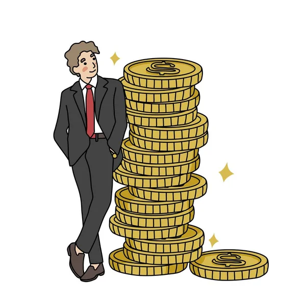 Reicher Geschäftsmann Mit Vielen Münzen Cartoon Vektor Illustration Geschäftskonzept — Stockvektor