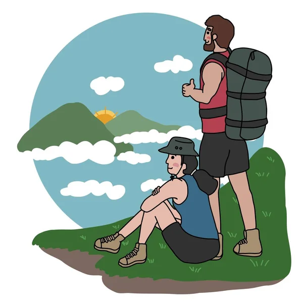 Couple Aventure Regarder Montagne Vue Dessin Animé Vectoriel Illustration Style — Image vectorielle