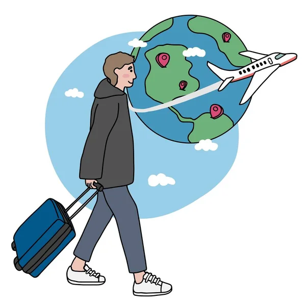 Man Luggage Looking Travel World Cartoon Vector Illustration Minimal Style — Stock Vector