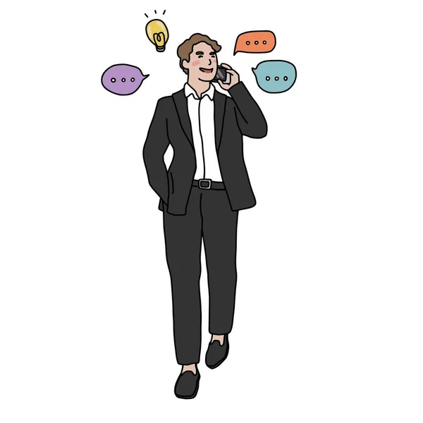 Business Man Using Phone Cartoon Vector Illustration Line Art Style — Stock Vector