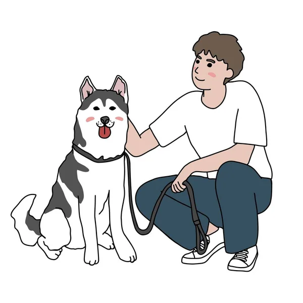 Mann Und Sibirischer Husky Hund Cartoon Vektor Illustration Minimale Linie — Stockvektor