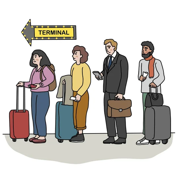 Turistas Esperando Aeropuerto Terminal Dibujos Animados Vector Línea Ilustración Estilo — Archivo Imágenes Vectoriales