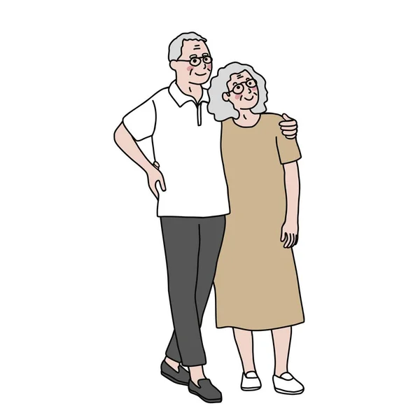 Old Couple Hugging Cartoon Vector Illustration Minimal Line Art Style — Stock Vector