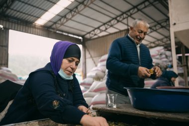 Laurel ile Birlikte Çalışan Geleneksel Herb İşlemci Kadın ve Erkek Çıkıyor.