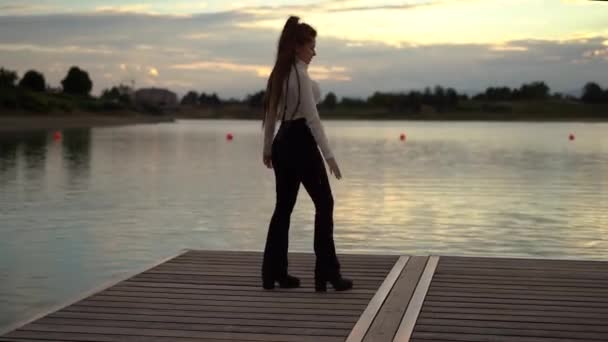 ブルネットの女性は ホイール 夕日の景色 湖の背景を作る 高品質4K映像 — ストック動画