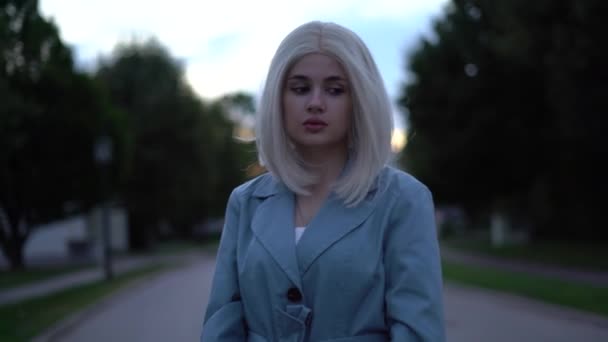 Sad Blonde Woman Look Camera Walk Away Sunset Time High — Wideo stockowe